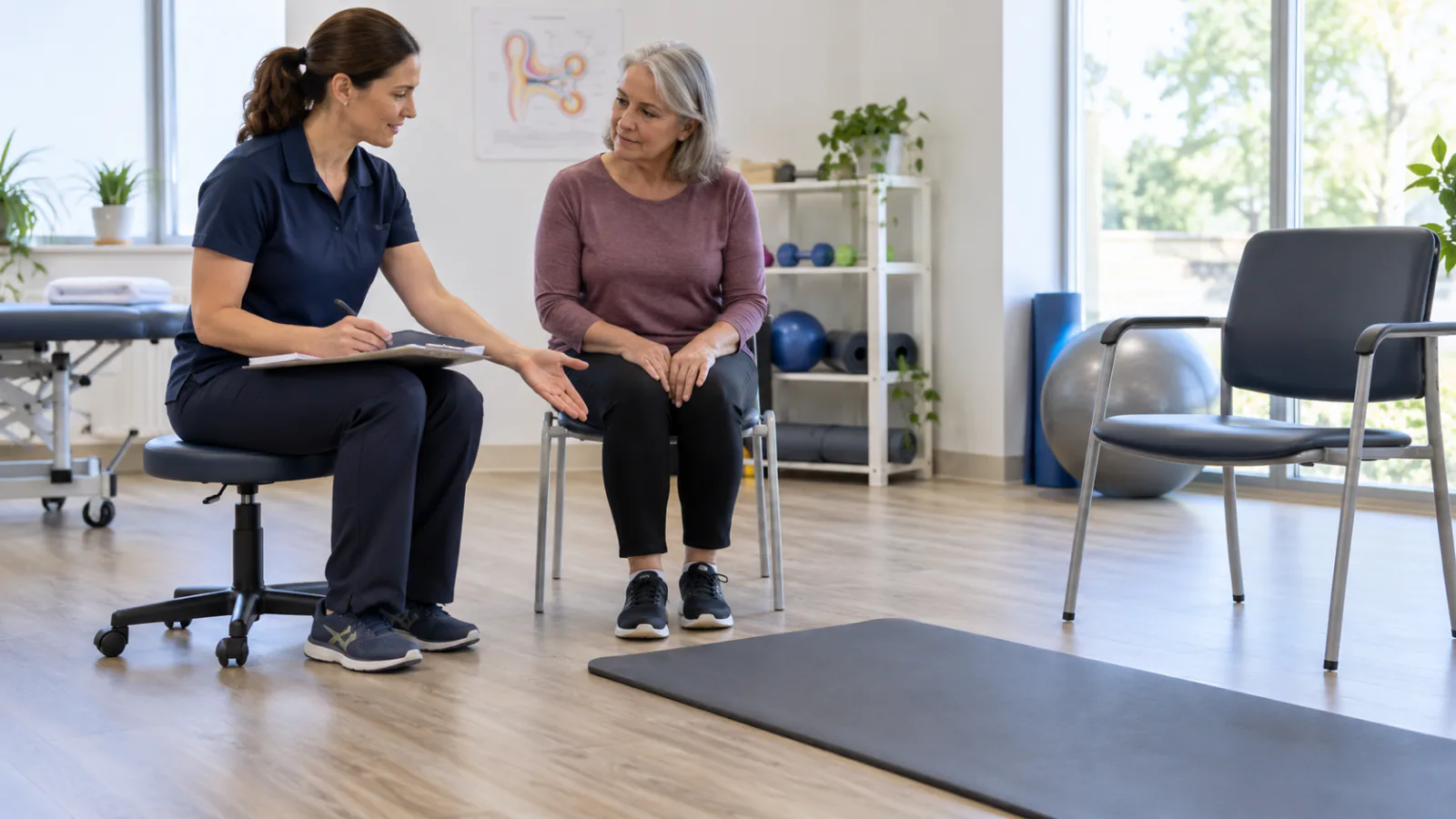 Um fisioterapeuta vestibular explica um plano de exercícios a uma paciente sentada