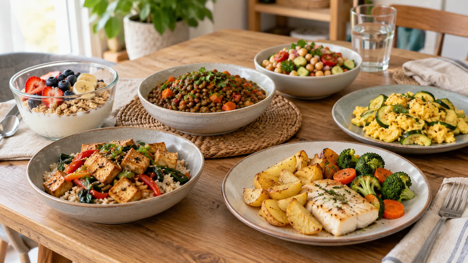Diversi piatti con legumi, verdure, uova, pesce e insalate su un tavolo