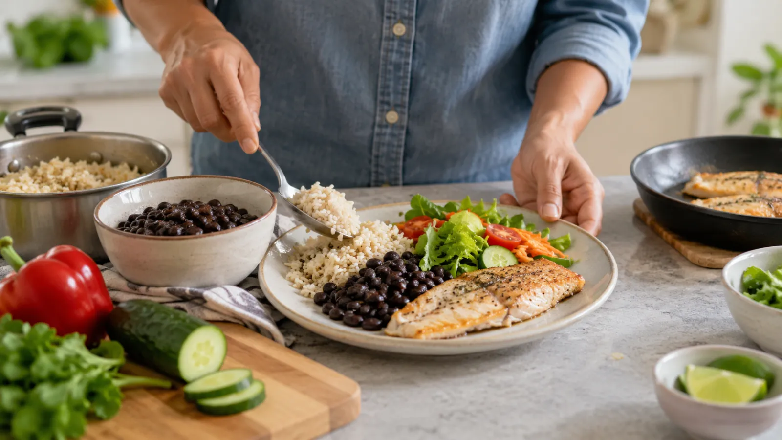 Person som legger ris, bønner, fisk og salat på en tallerken