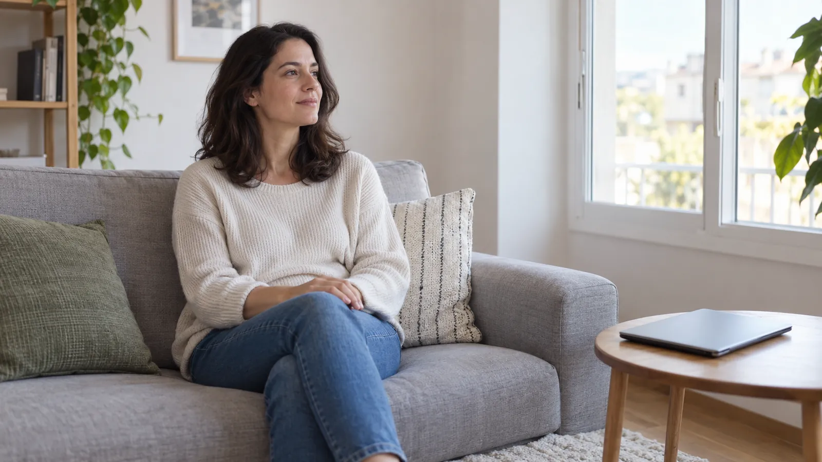 Vrouw zit ontspannen op de bank bij het raam