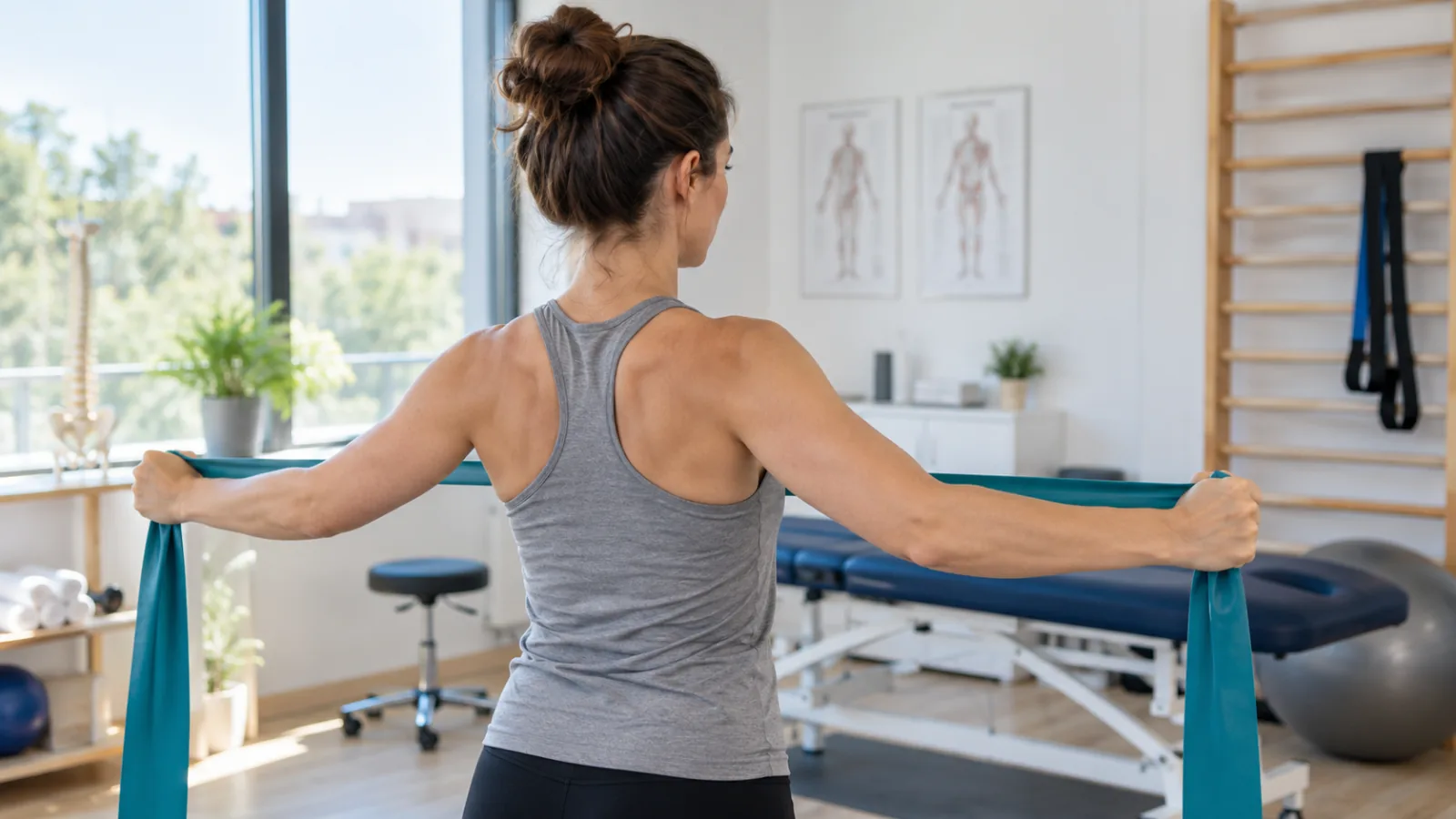 Mujer realiza un ejercicio suave con banda elástica para activar la musculatura escapular.