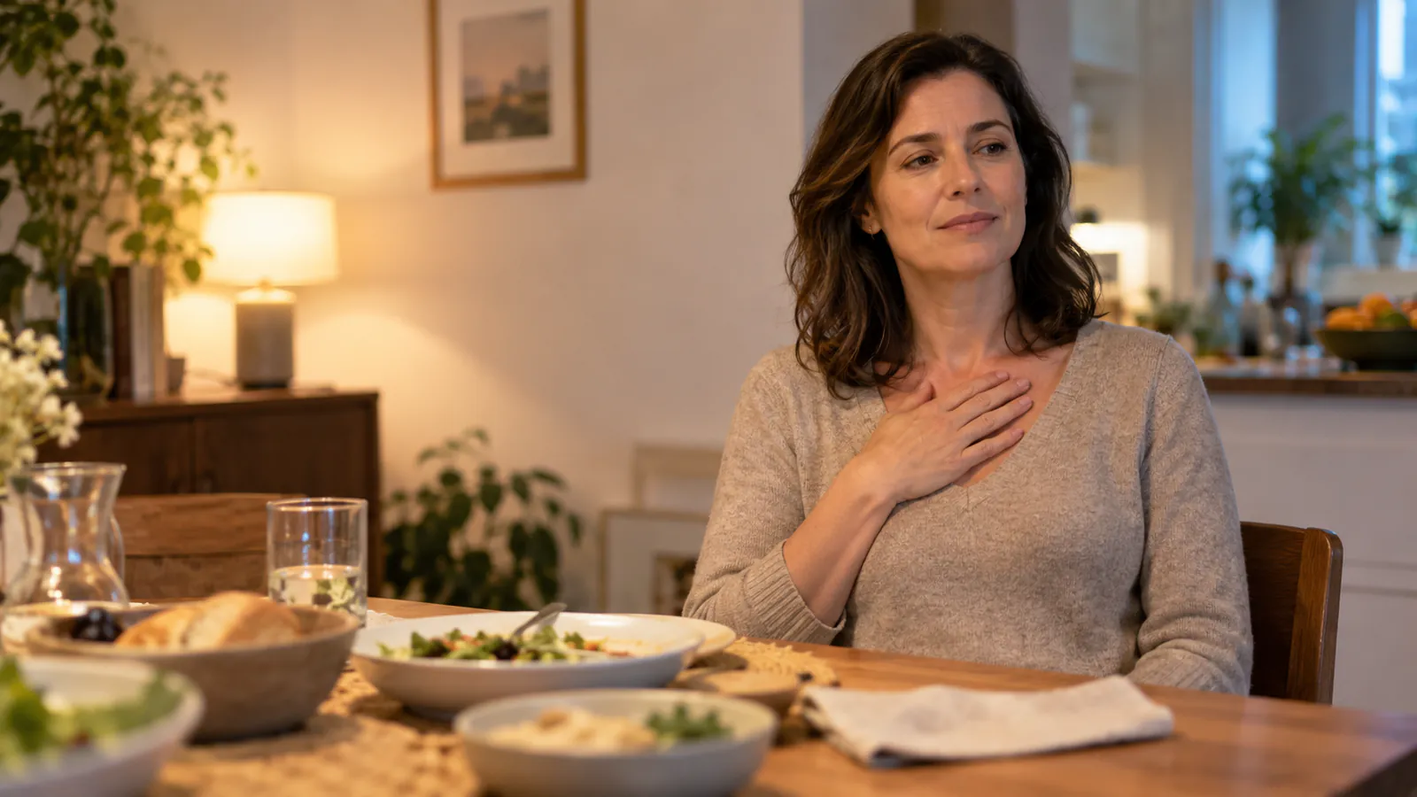 Person som kjenner halsbrann etter et måltid