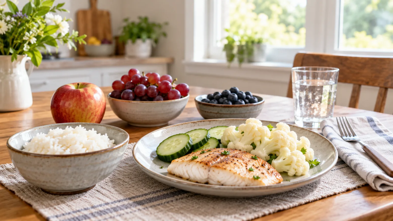 Tallerken med fisk, ris, blomkål og agurk ved siden av en skål med bær og et eple