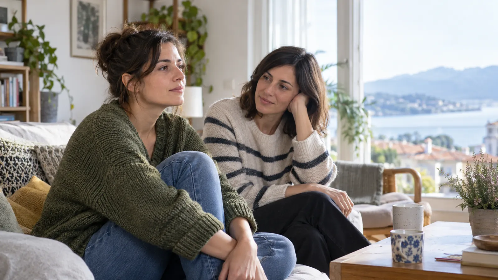 Dos mujeres adultas conversan con calma en una sala luminosa.