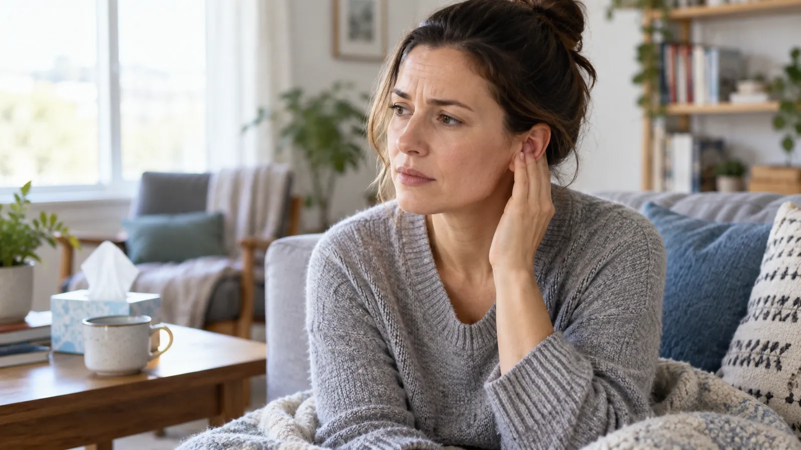 Una donna seduta sul divano si tocca l’orecchio con espressione preoccupata