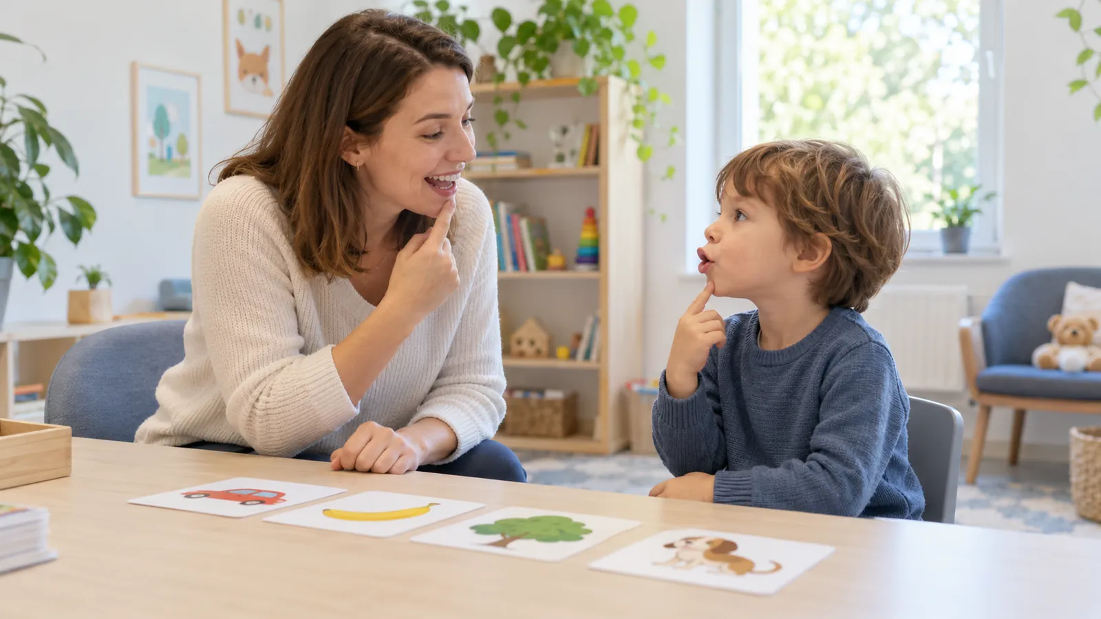 Una logopedista accompagna un bambino in un esercizio di parola con carte illustrate