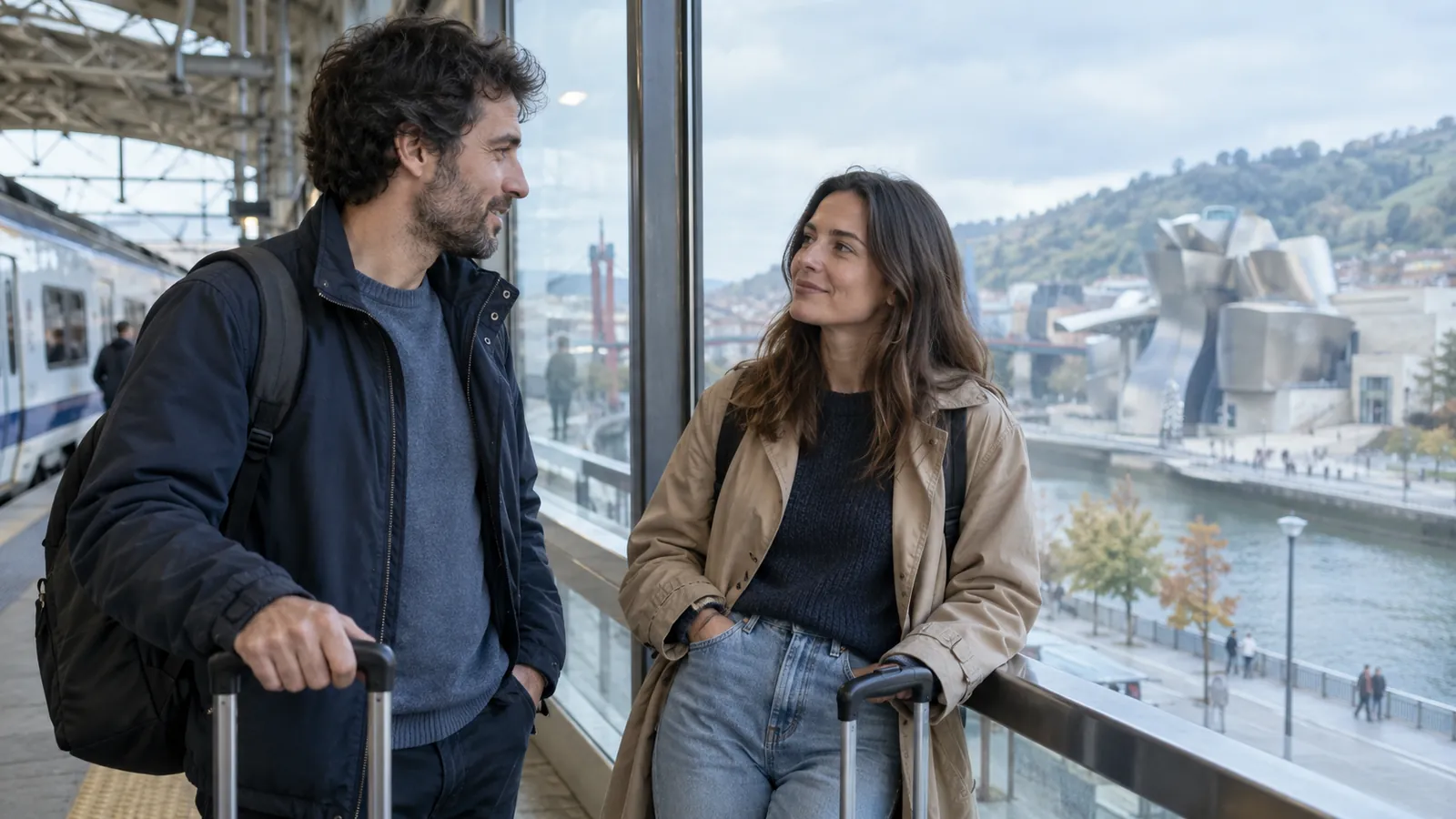 Un uomo e una donna con i bagagli aspettano in una stazione prima di un viaggio