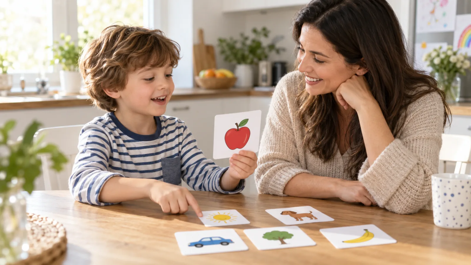 Um adulto e uma criança pequena praticam a fala com cartões de imagens numa mesa de cozinha