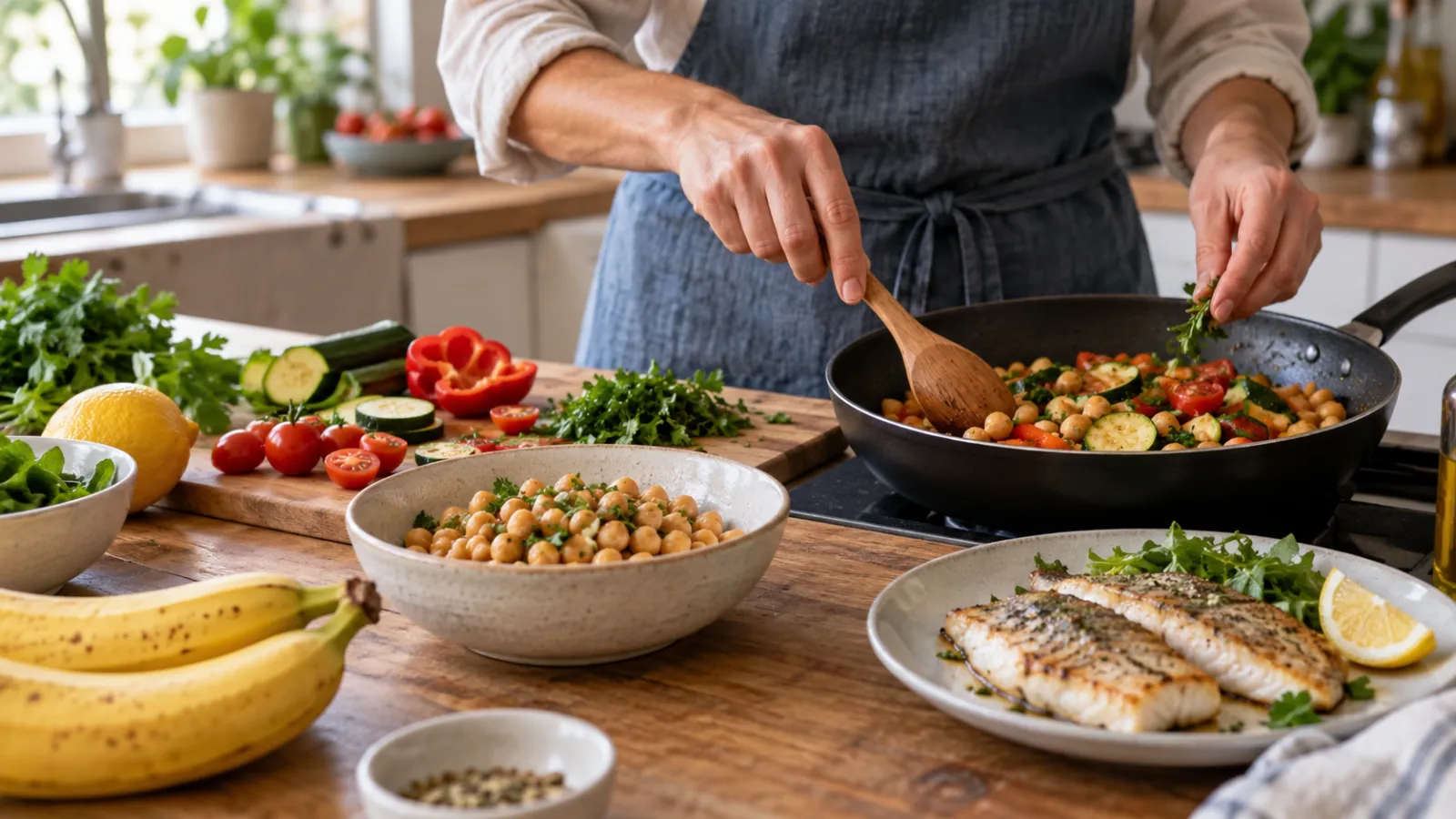 Una persona prepara en casa un plato de garbanzos y verduras.