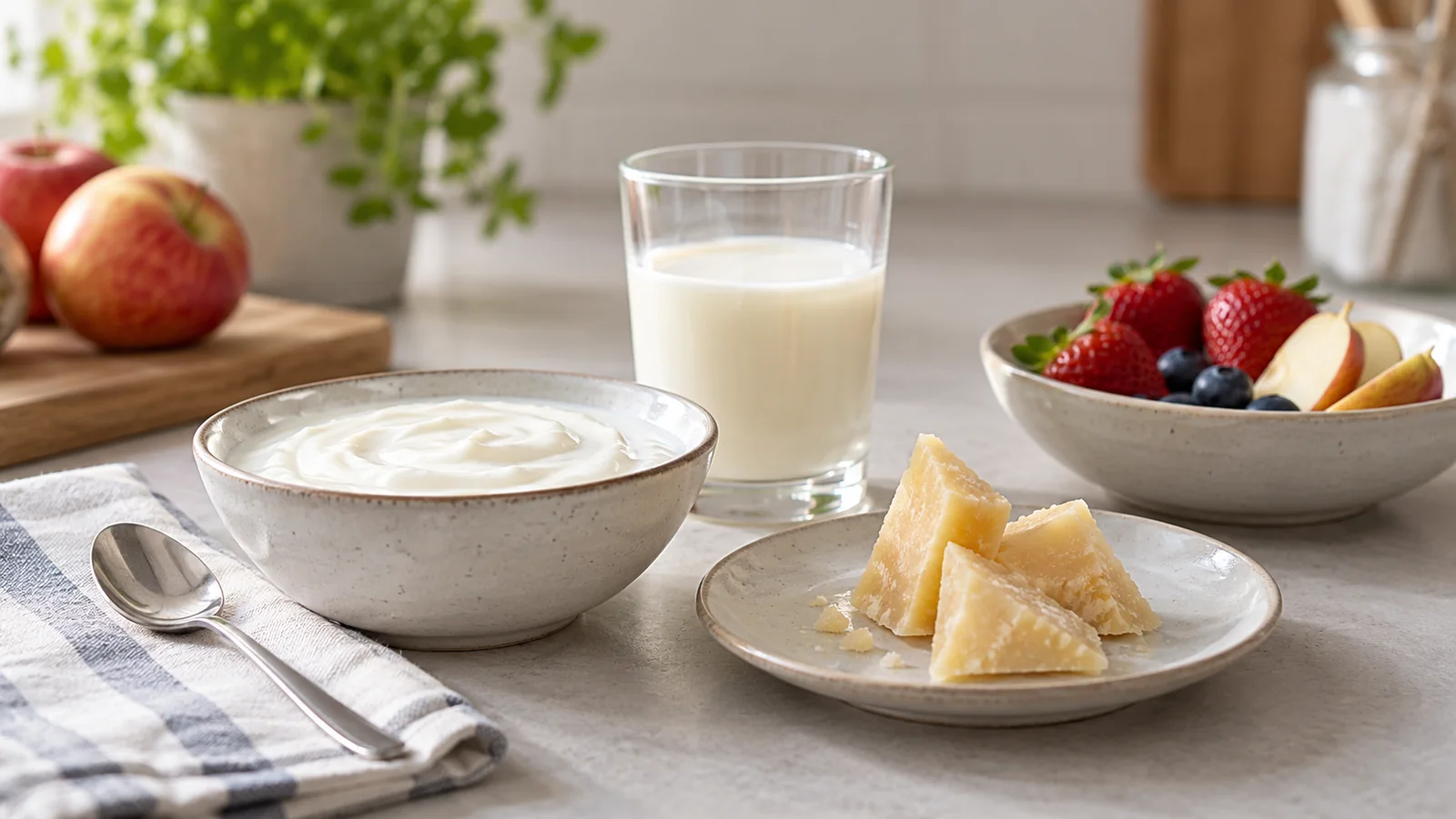 Iogurte natural, queijo curado, um copo de leite e fruta sobre a mesa da cozinha