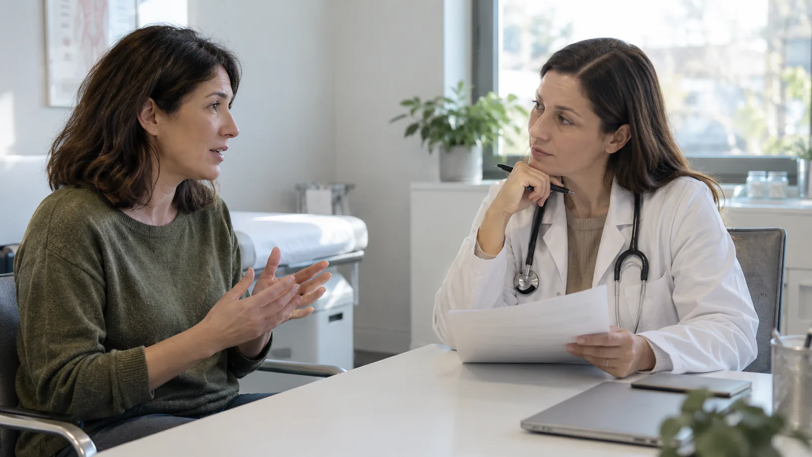 Una paciente conversa con una endocrinóloga en una consulta médica.