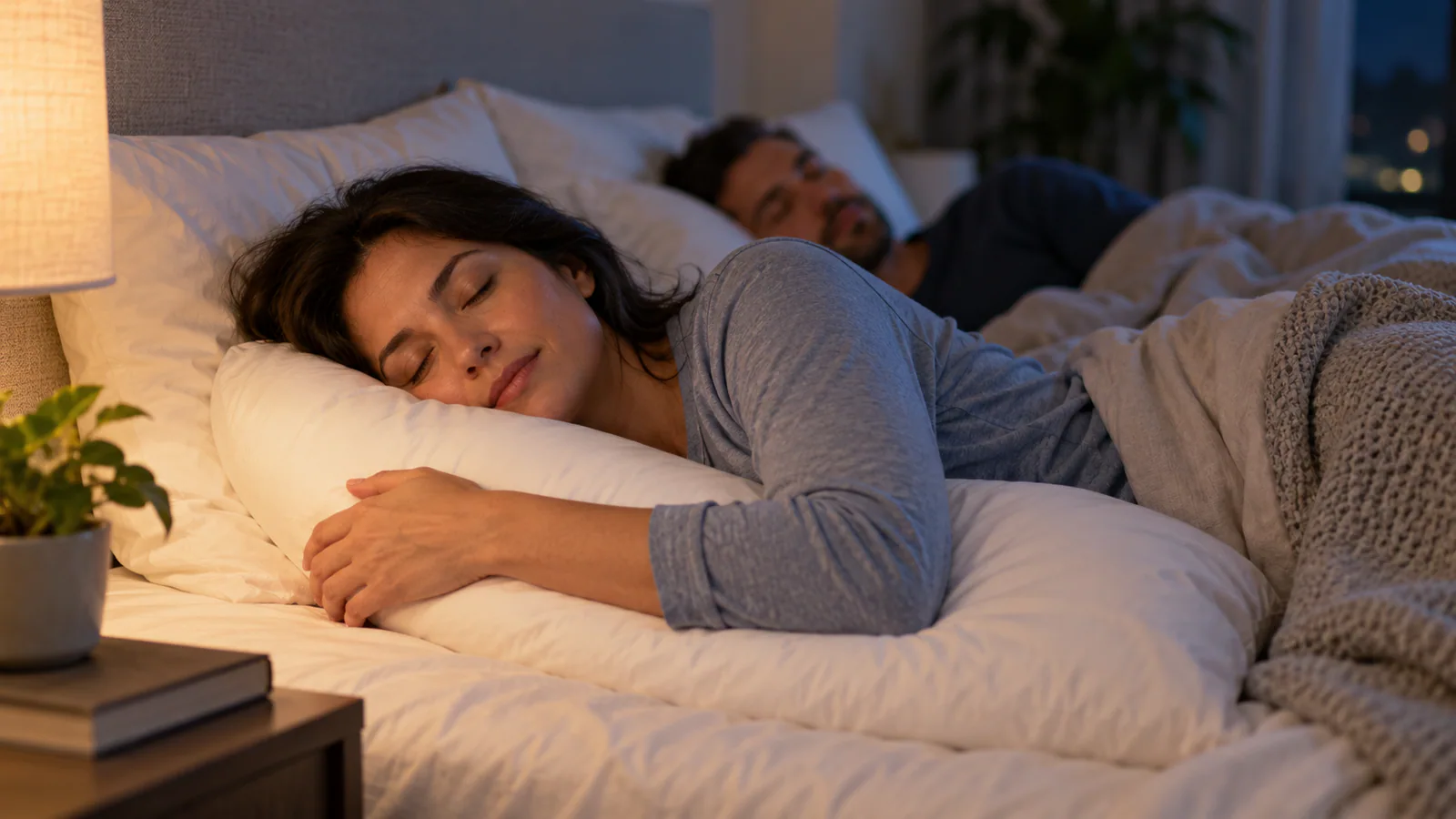 Uma mulher dorme de lado num quarto com luz suave enquanto o companheiro descansa ao fundo