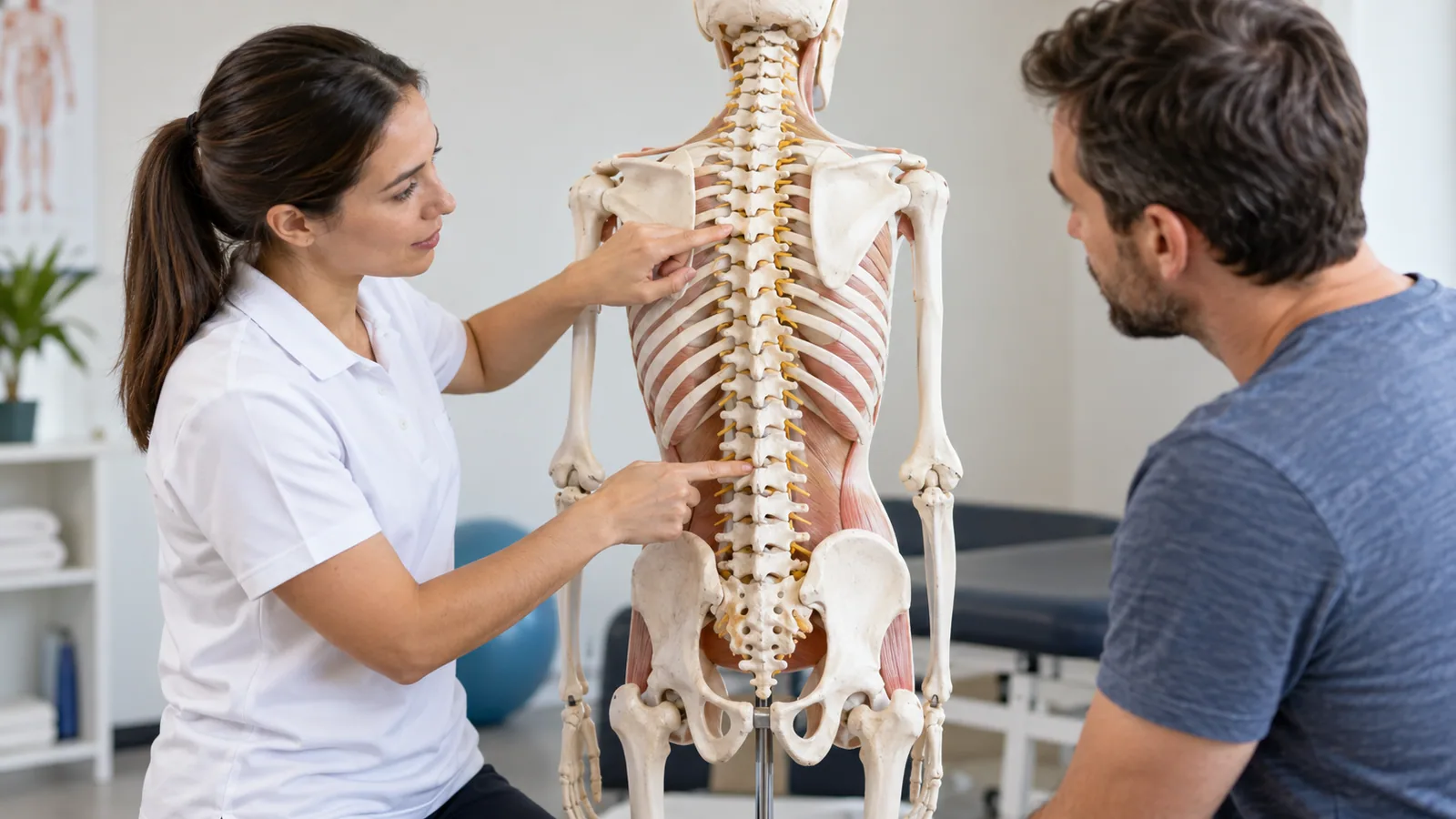 Una fisioterapista mostra a un paziente un modello di colonna vertebrale