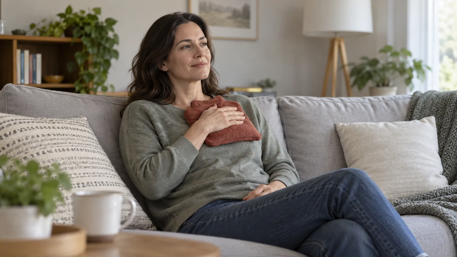 Una donna sul divano tiene un impacco caldo appoggiato sul petto
