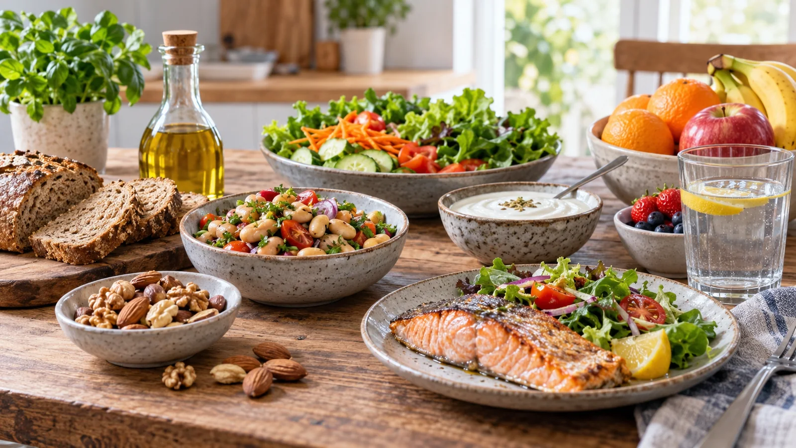 Grönsaker, frukt och fisk på ett bord