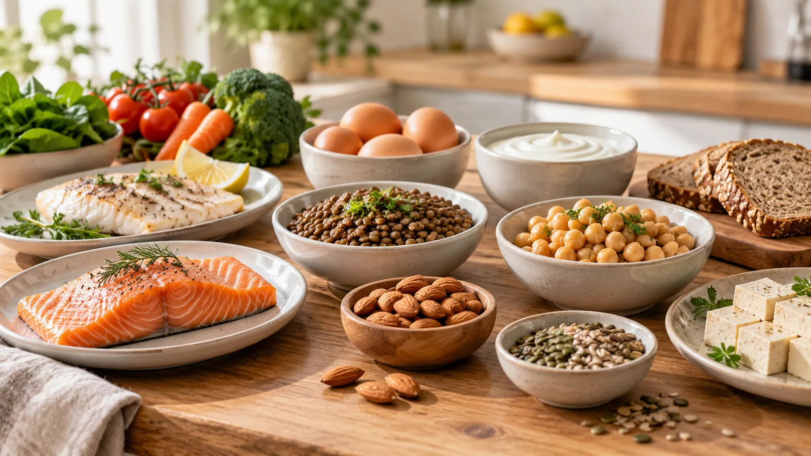 Salmone, uova, legumi, frutta secca, tofu e pane integrale disposti su un tavolo di legno
