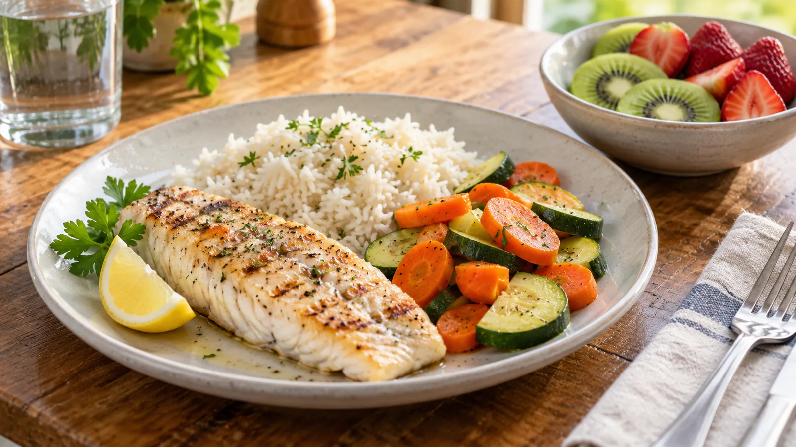 Teller mit gegrilltem Fischfilet, Reis und gebratenem Gemüse, im Hintergrund eine Schale mit Kiwi und Erdbeeren