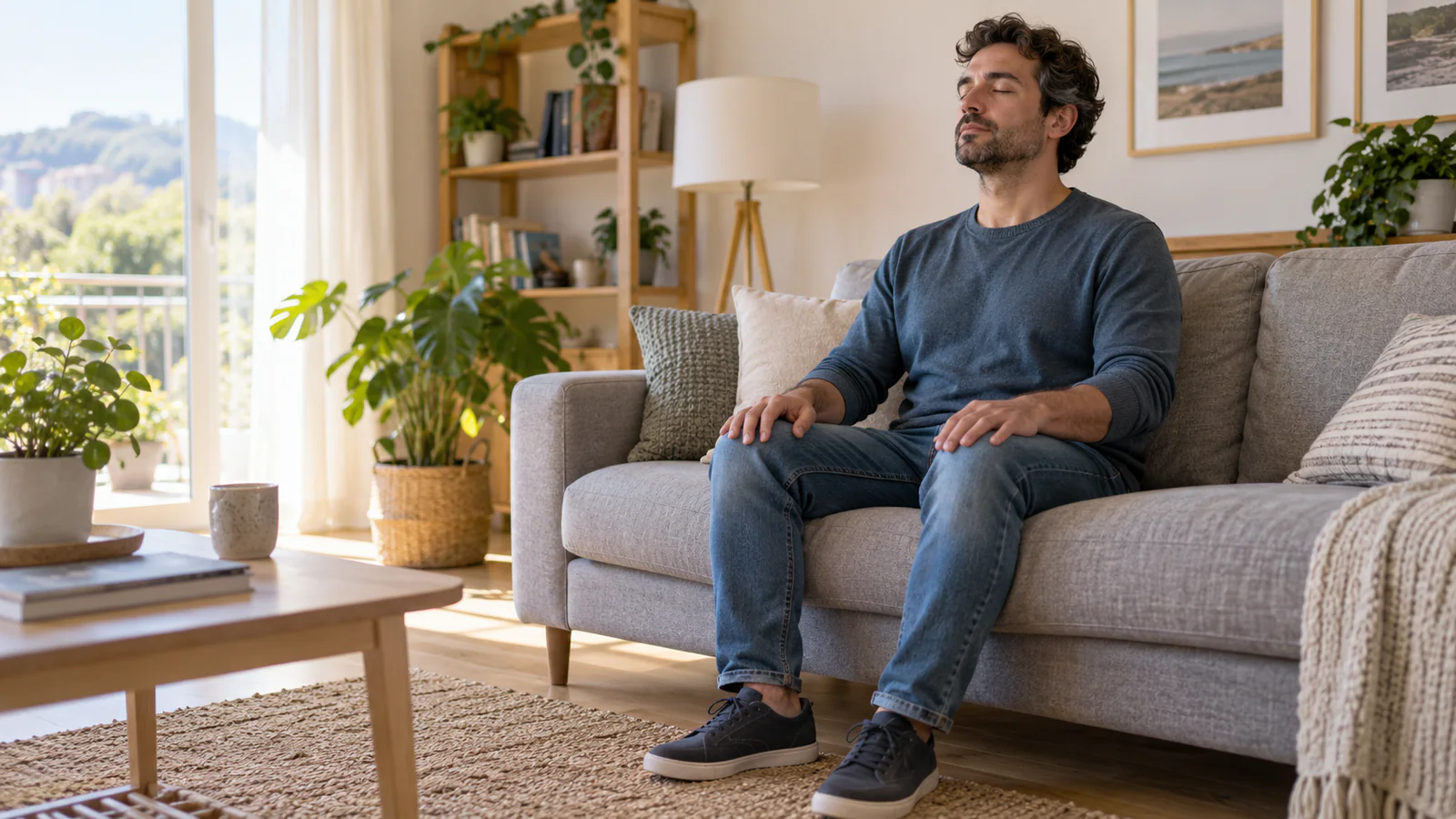 Un uomo seduto sul divano con gli occhi chiusi respira lentamente