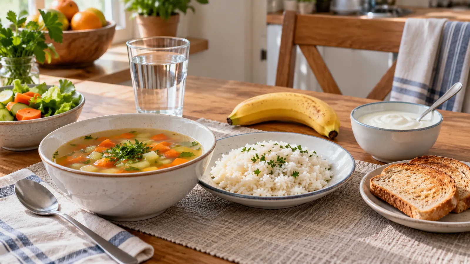 Comida sencilla con sopa, arroz, tostada, plátano, yogur y agua.