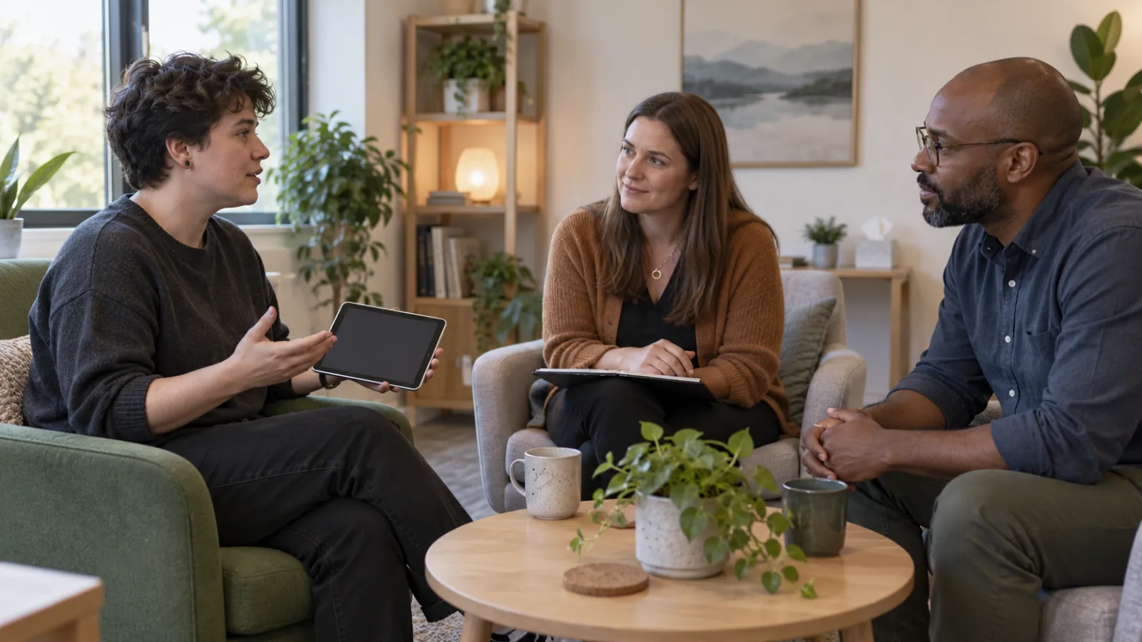 Ammattilainen keskustelee kahden aikuisen kanssa vastaanotolla