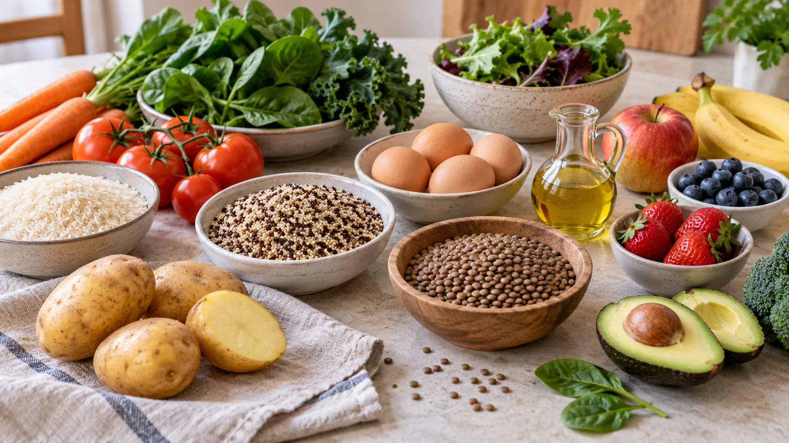 Potatis, ägg, baljväxter, ris, frukt, grönsaker och avokado på ett köksbord.