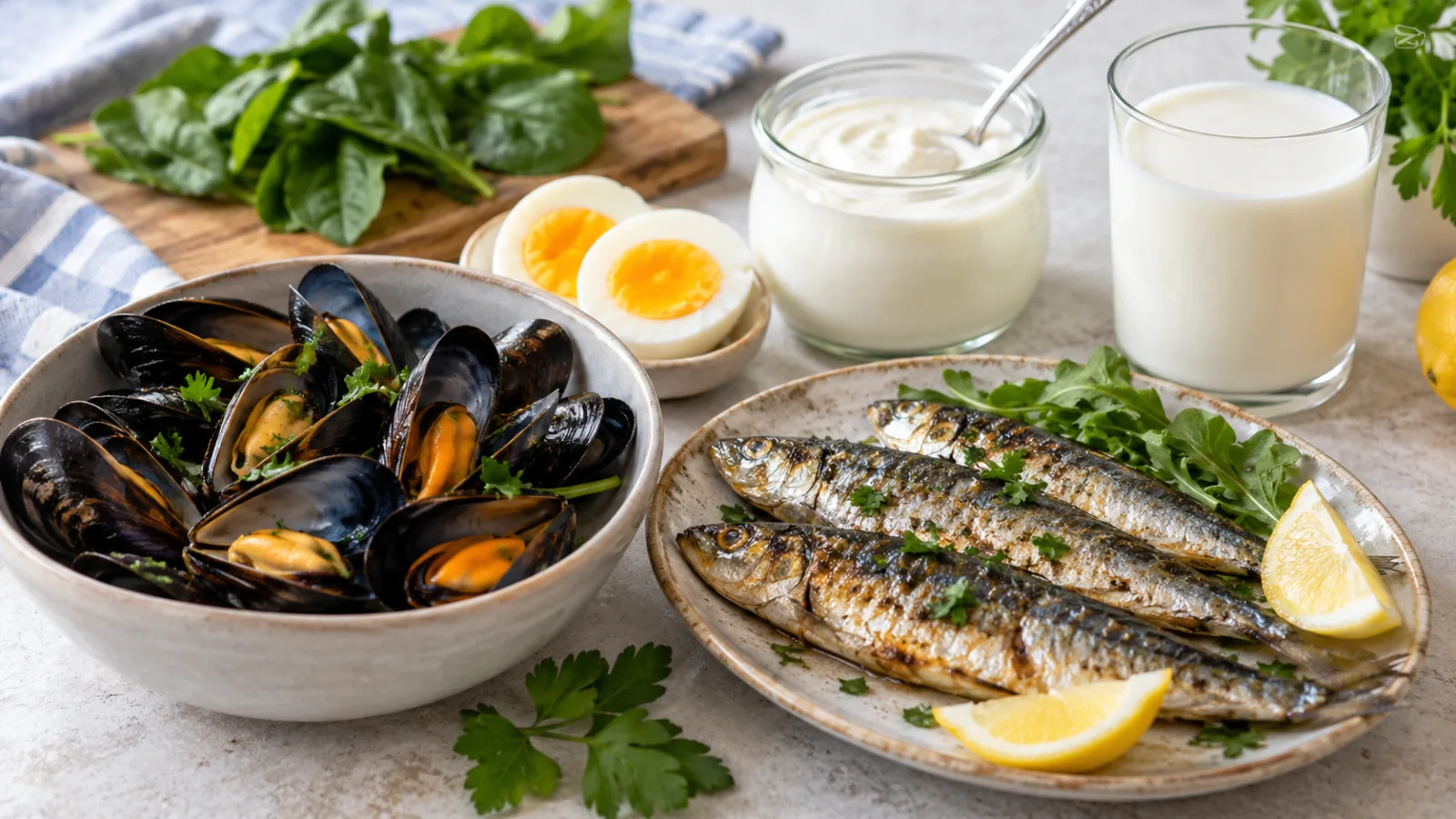 Muslinger, fisk, æg og mælk på et bord