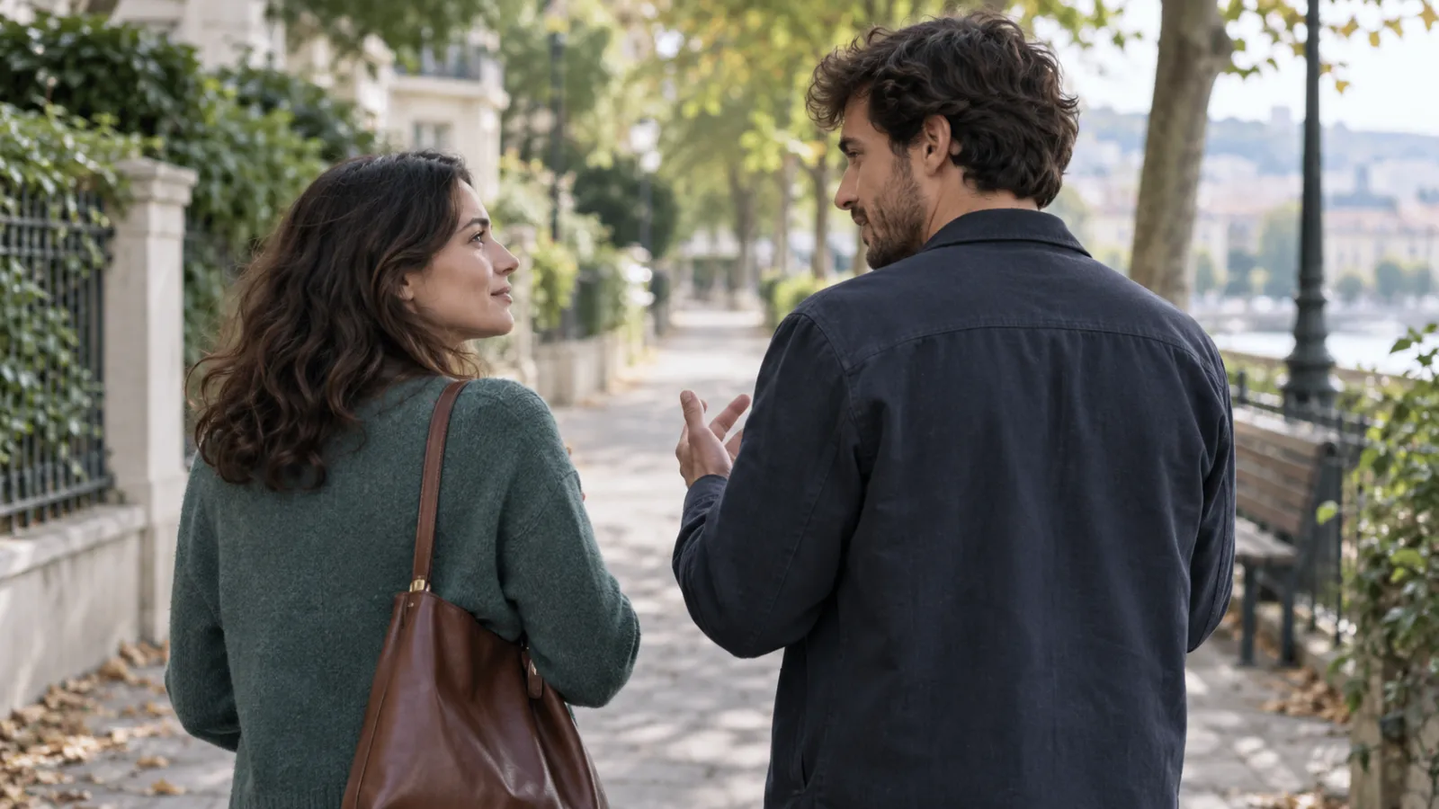 Dos personas adultas conversan durante un paseo por un parque.
