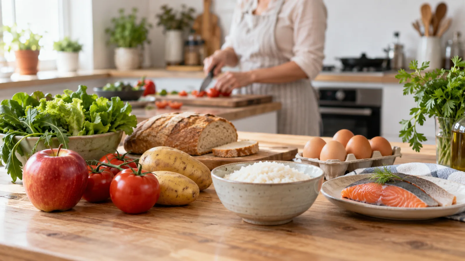 Alimentos habituales como fruta, verduras, pan, arroz, huevos y pescado dispuestos en una cocina.