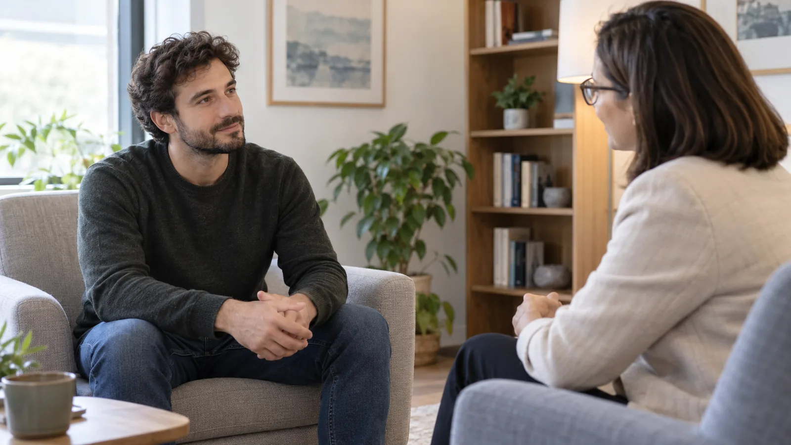Un uomo parla con una psicologa in uno studio luminoso