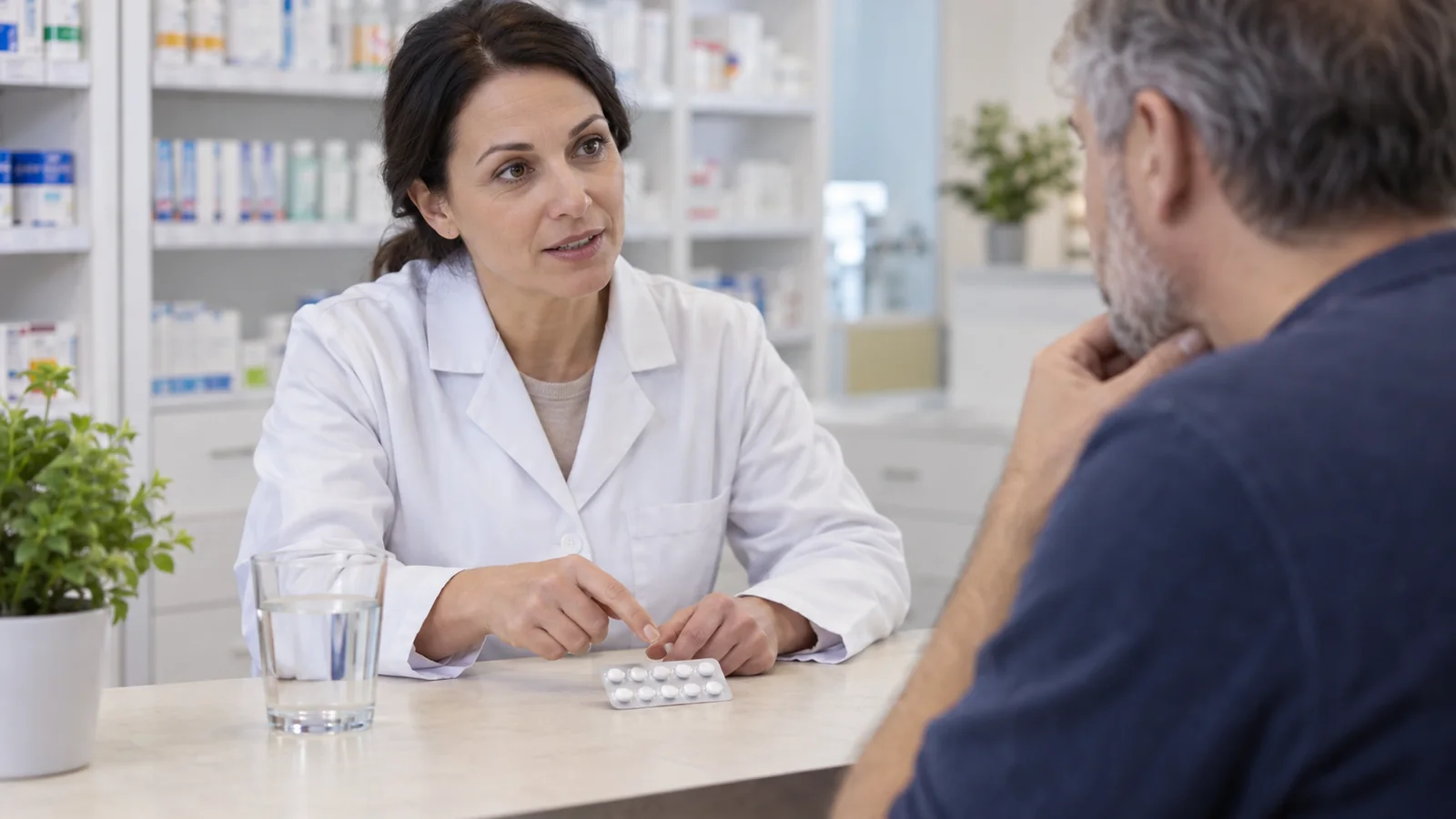 Profesional de farmacia conversa con un paciente junto a un blíster sin marca.
