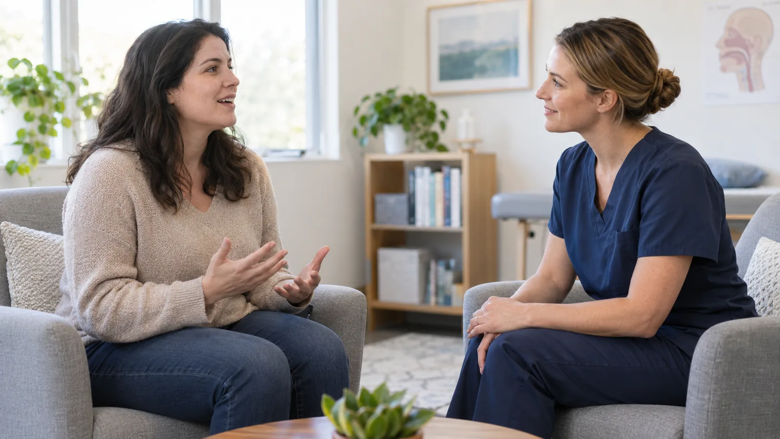 Una donna conversa con una professionista sanitaria seduta di fronte a lei