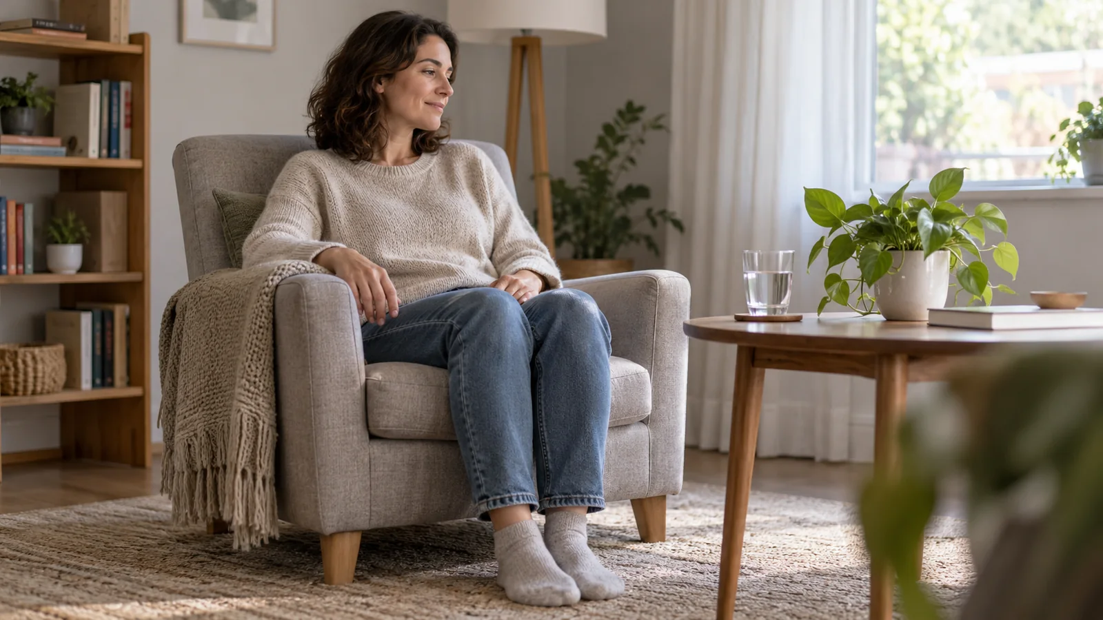 Uma pessoa adulta permanece sentada com os pés apoiados e um copo de água perto