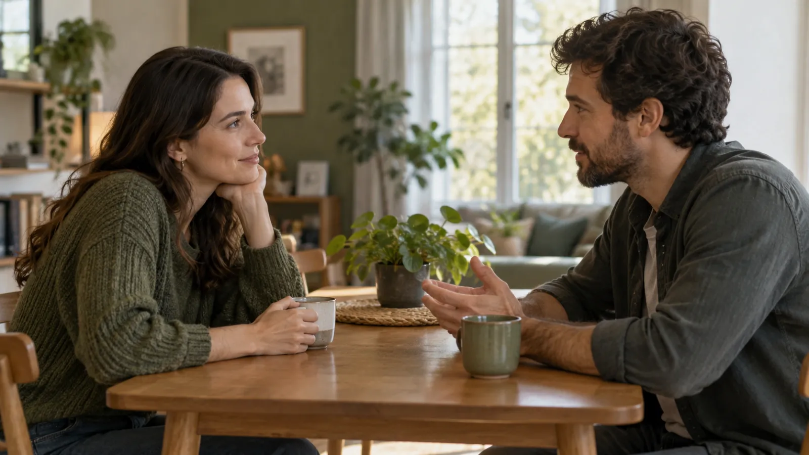 Uma mulher e um homem conversam sentados a uma mesa de madeira com duas xícaras