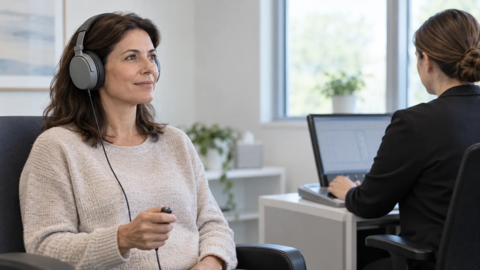 Una donna con le cuffie esegue un esame dell’udito mentre una professionista lavora al computer