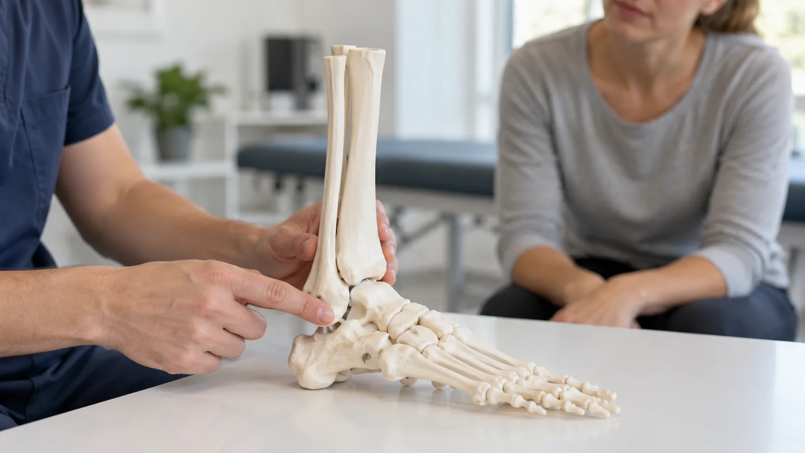 Fisioterapeuta señala una maqueta anatómica de tobillo mientras explica sus estructuras a una paciente.