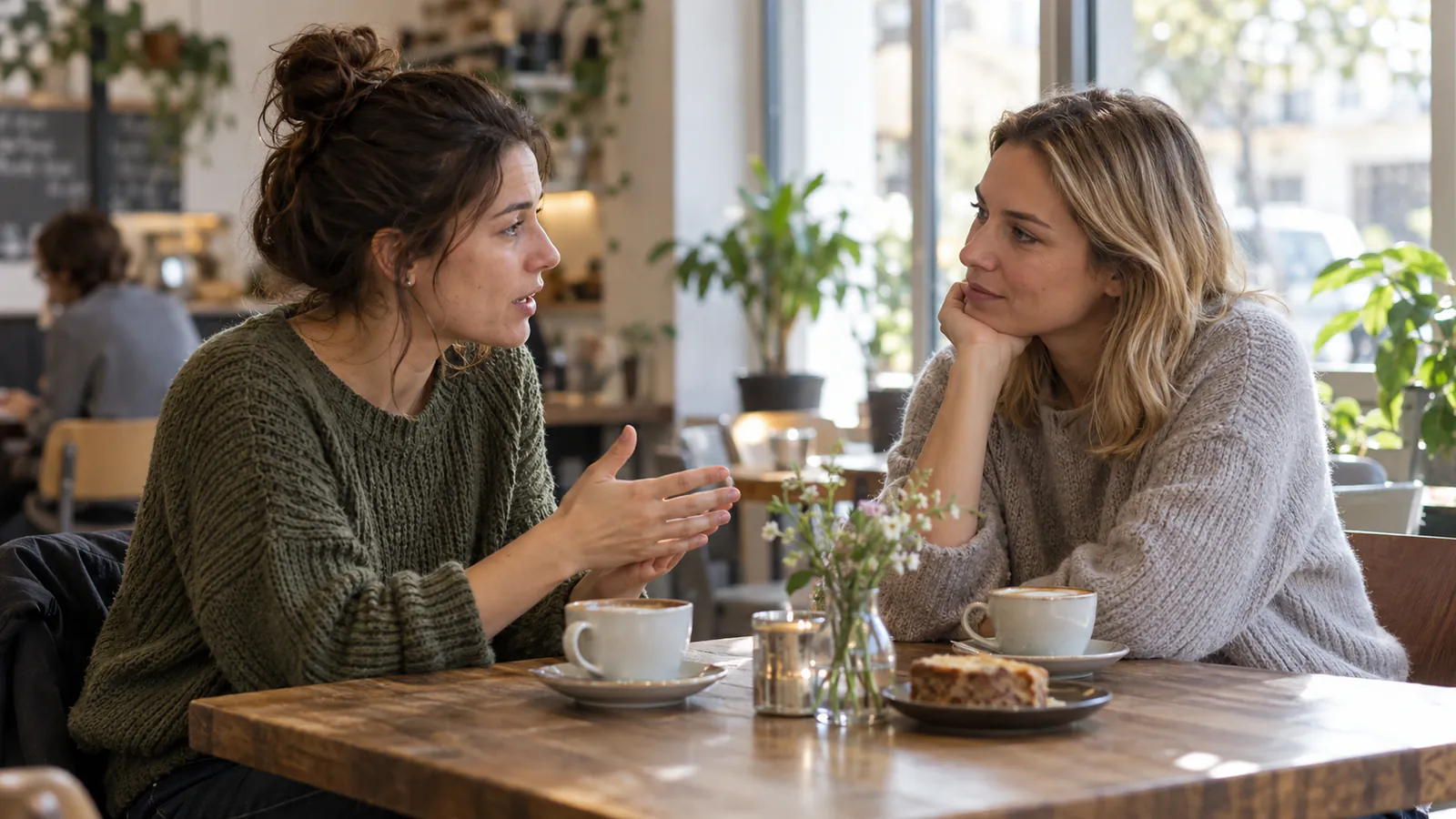 Due amiche parlano sedute al tavolo di un bar