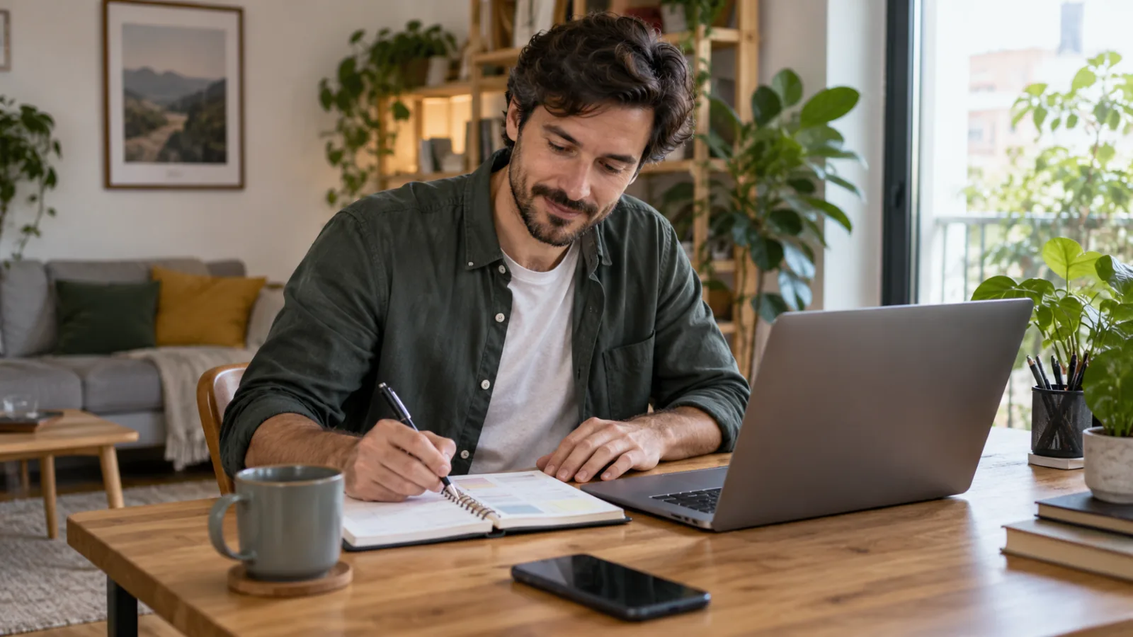 Mężczyzna planuje dzień w notesie obok laptopa