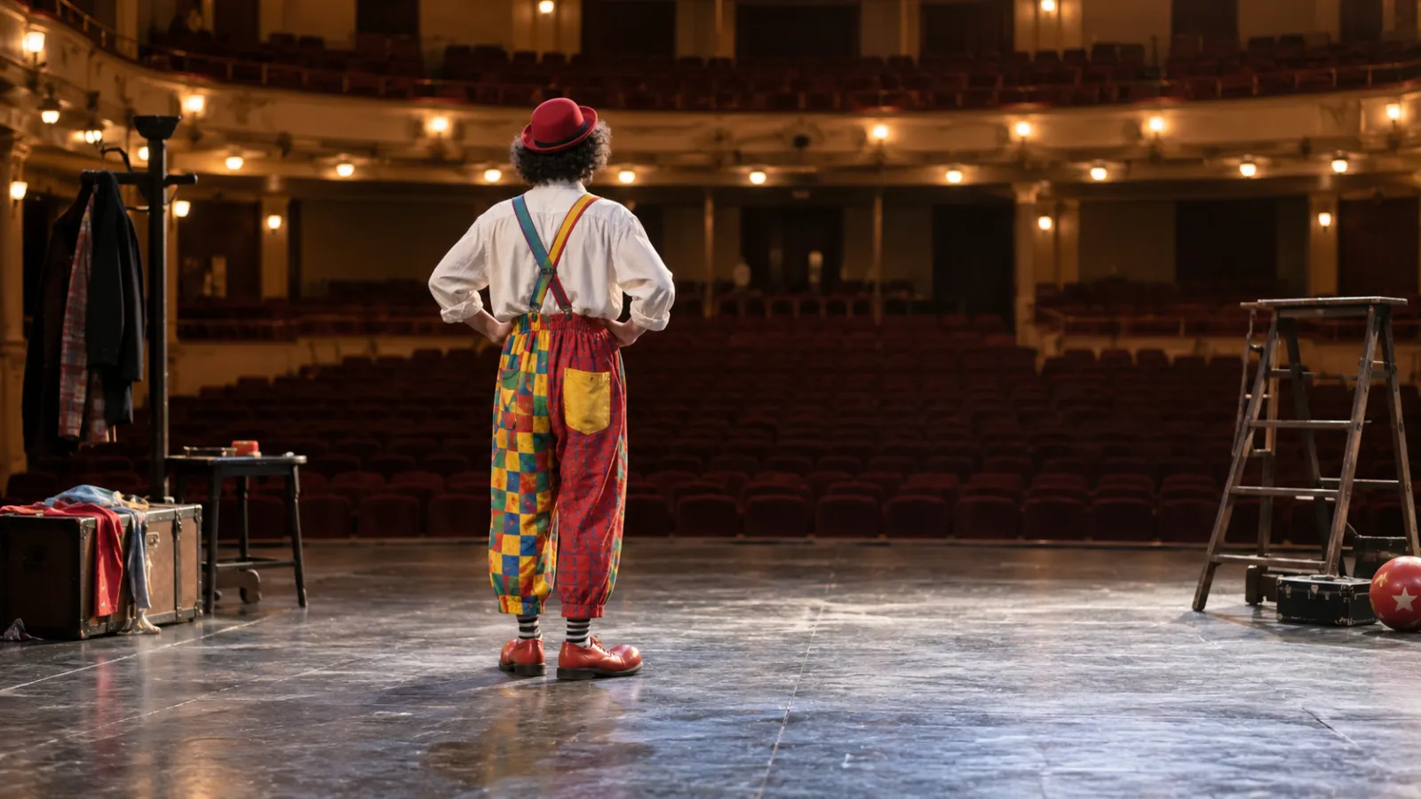 Artista de circo visto de espaldas en un escenario luminoso.