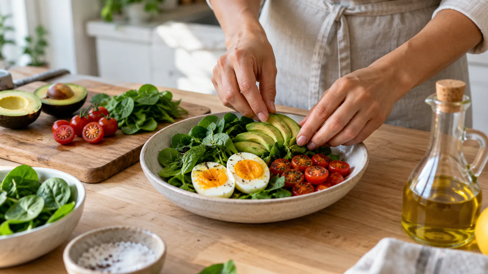 Person som anretter en salat med spinat, avokado, egg og tomater ved siden av olivenolje