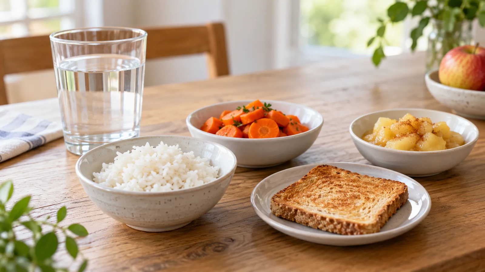 Vaso de agua junto a pequeñas raciones de arroz, zanahoria cocida, tostada y manzana cocida.
