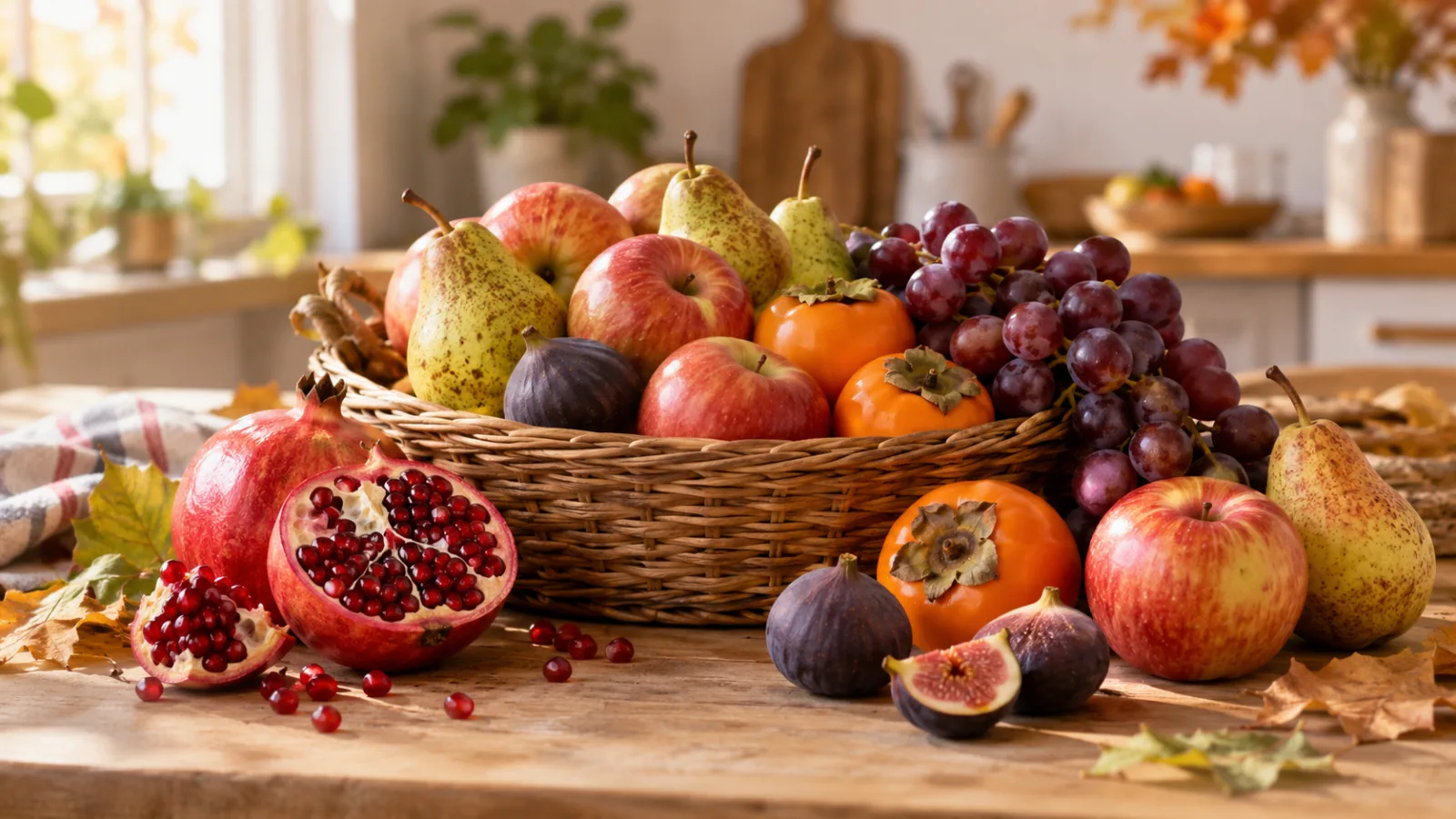 Manzanas, peras, uvas, granada, caquis e higos dispuestos en una cesta sobre la mesa.
