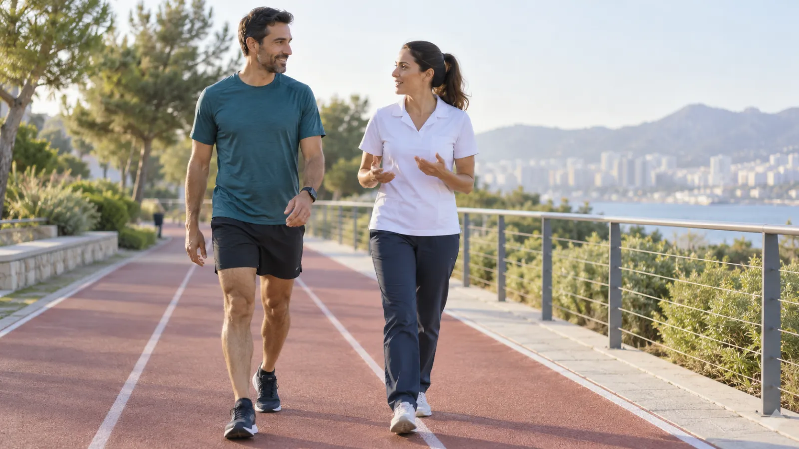 Un uomo cammina con una fisioterapista lungo una pista di atletica