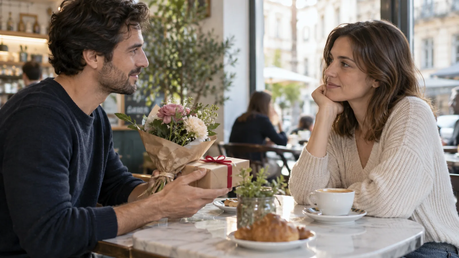 Hombre ofrece un ramo y un regalo a una mujer en una cafetería.