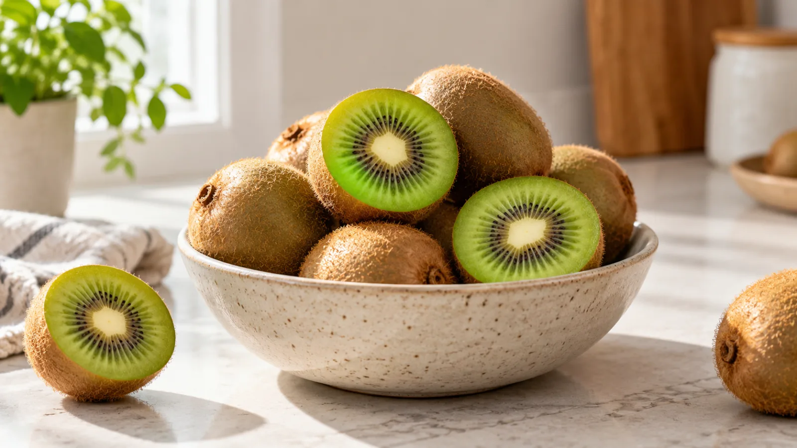 Kiwis enteros y cortados muestran la pulpa verde y las semillas en un cuenco.