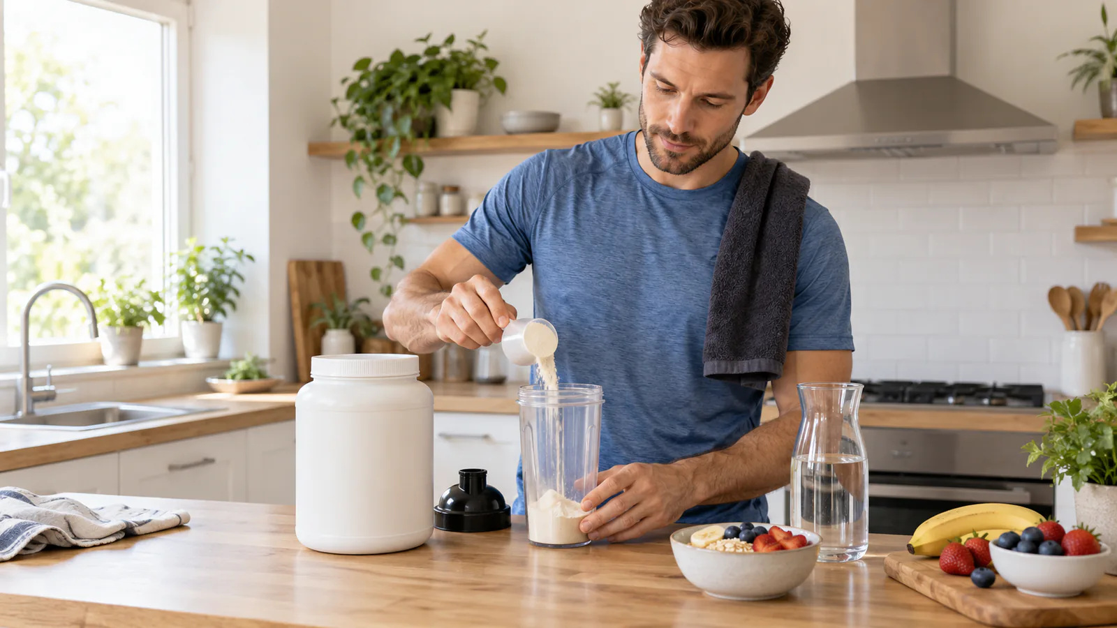 Un hombre prepara un batido de proteína en una cocina junto a fruta y avena.
