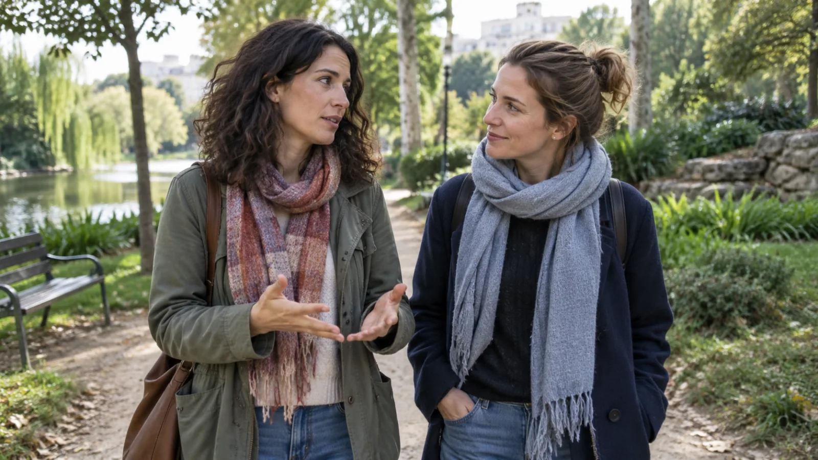 Mujer adulta comparte una conversación tranquila con una amiga durante un paseo por un parque.