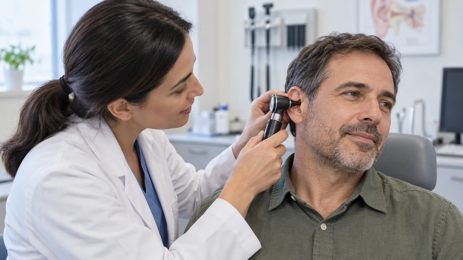Una profesional examina el oído de un paciente con un otoscopio.