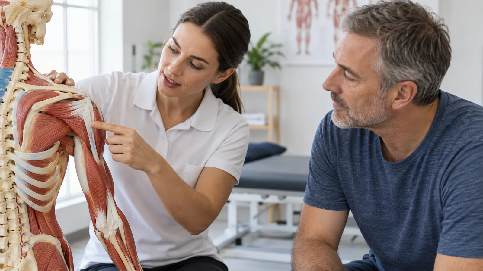 Una fisioterapeuta explica la anatomía muscular del hombro con una maqueta a un paciente.