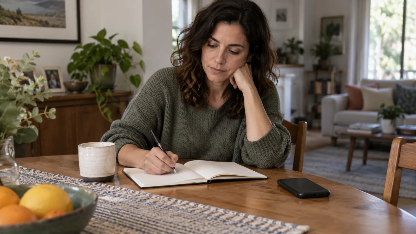 Mujer adulta anota recuerdos de una conversación en un cuaderno en casa.