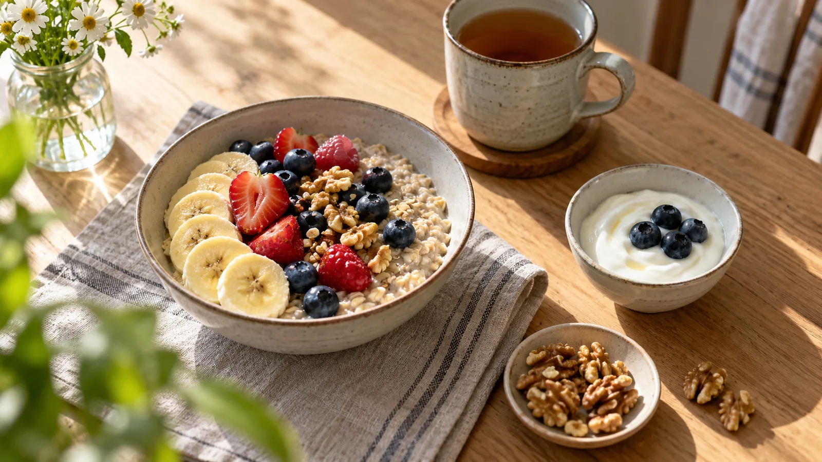 Bol de avena con frutos rojos y nueces junto a un yogur natural y una taza de té.